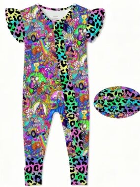 BAMBOO Rainbow Leopard flutter sleeve ruffle butt zippy with optional footies